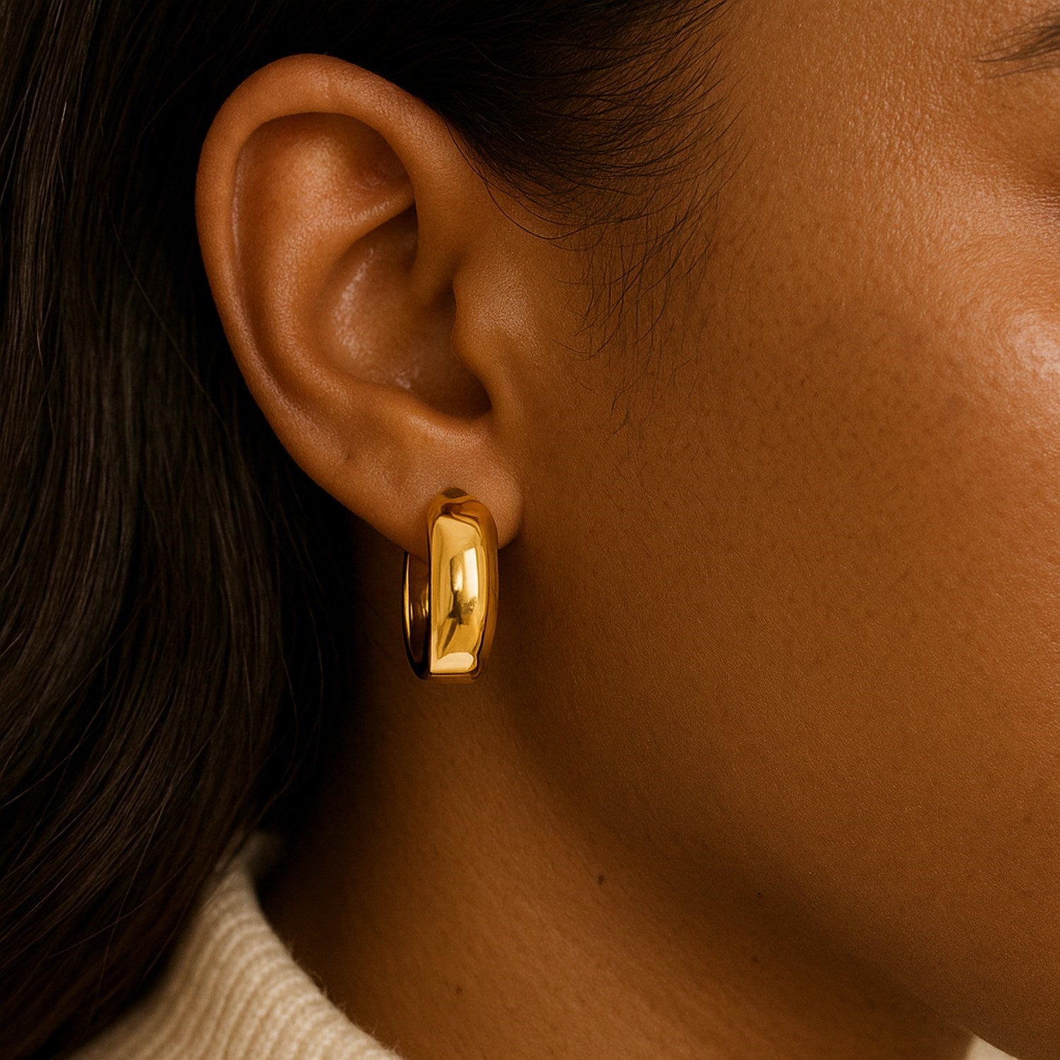 14k Yellow Gold Wide Medium Hoop Earrings with Snap Lock