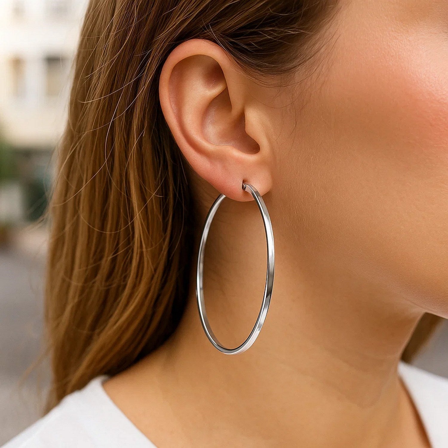 Sterling Silver Large Rectangular Profile Polished Hoop Earrings(75mm)
