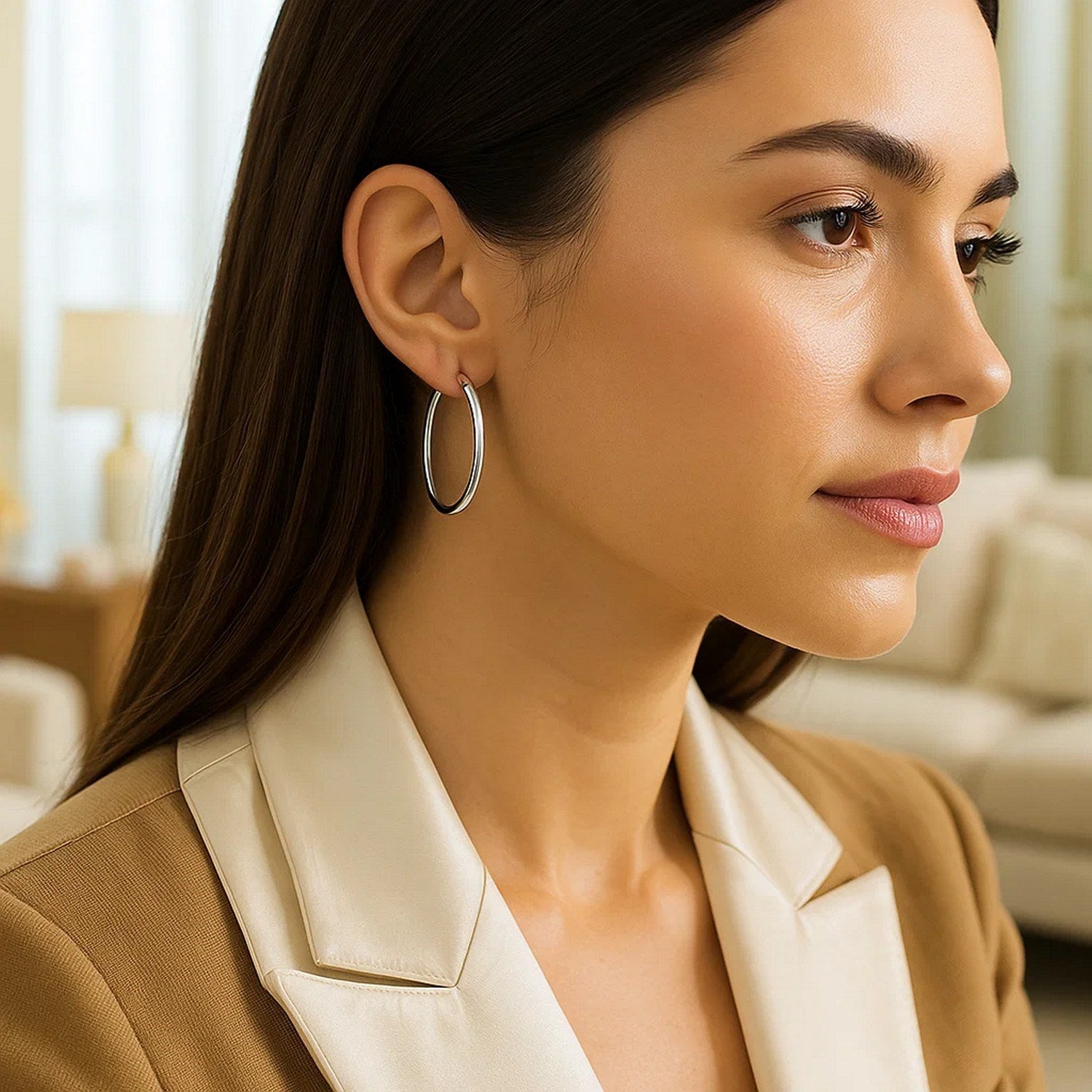 14k White Gold Polished Hoop Earrings (3x40mm)
