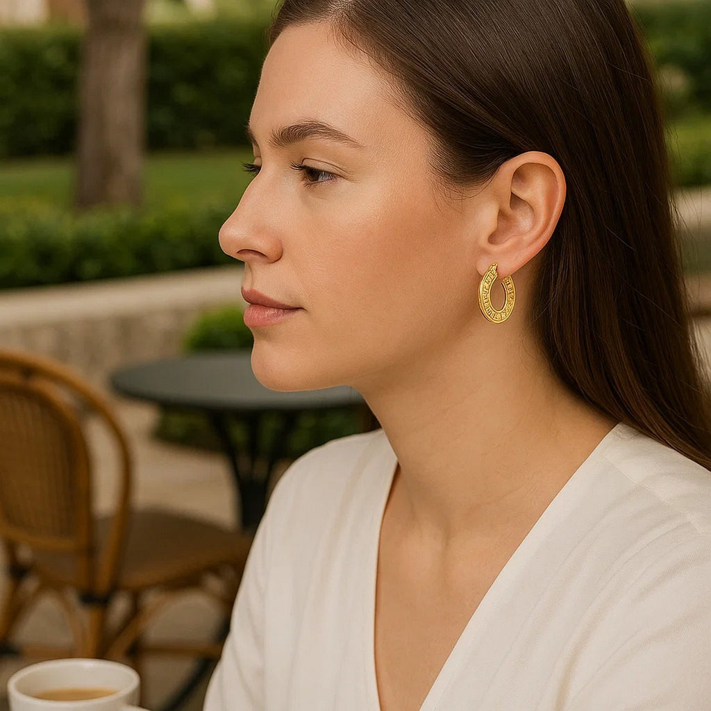 14k Yellow Gold Greek Key Small Hoop Earrings