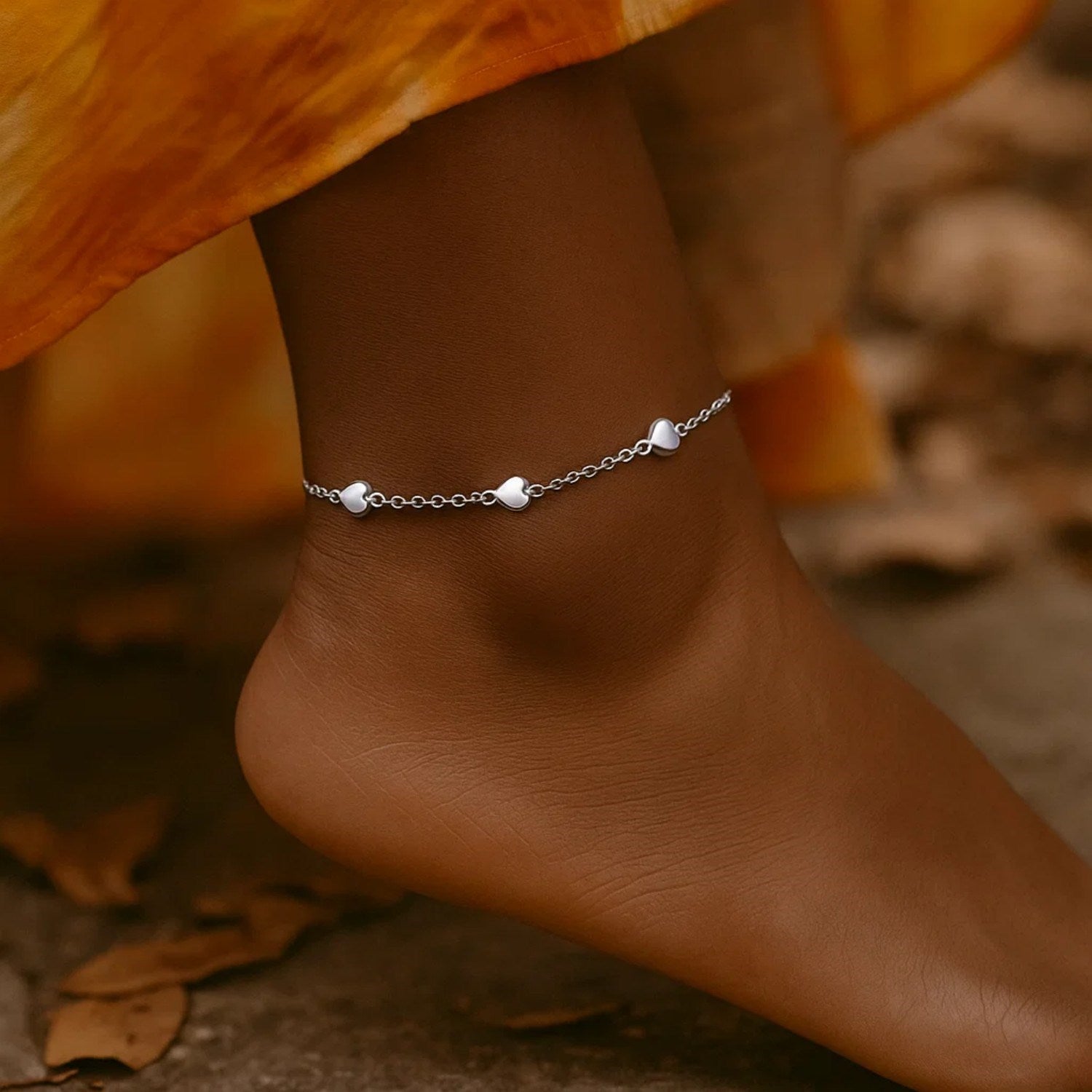 14k White Gold Anklet with Puffed Heart Design