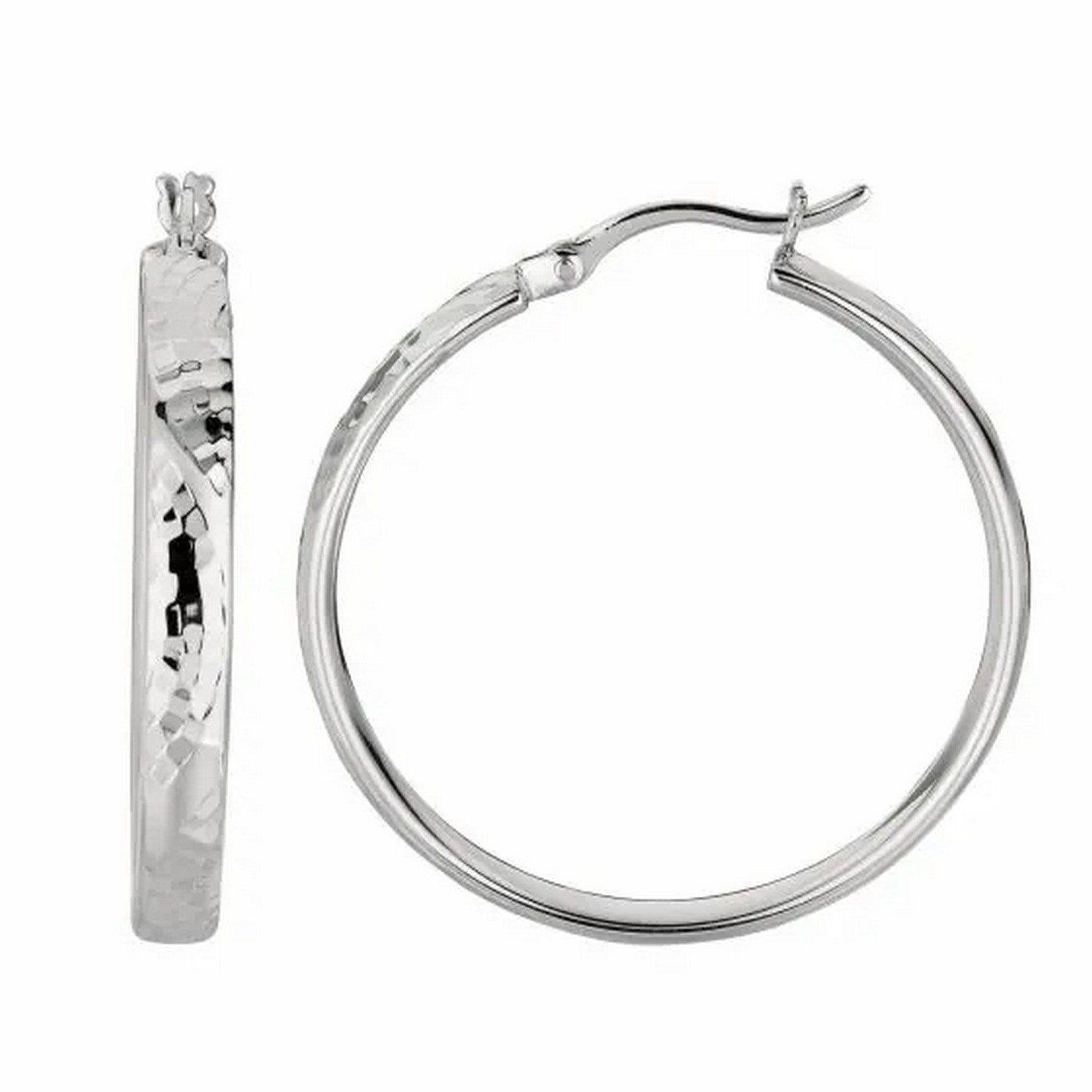Sterling Silver Hammered Style Hoop Earrings with Rhodium Plating (4x30mm)