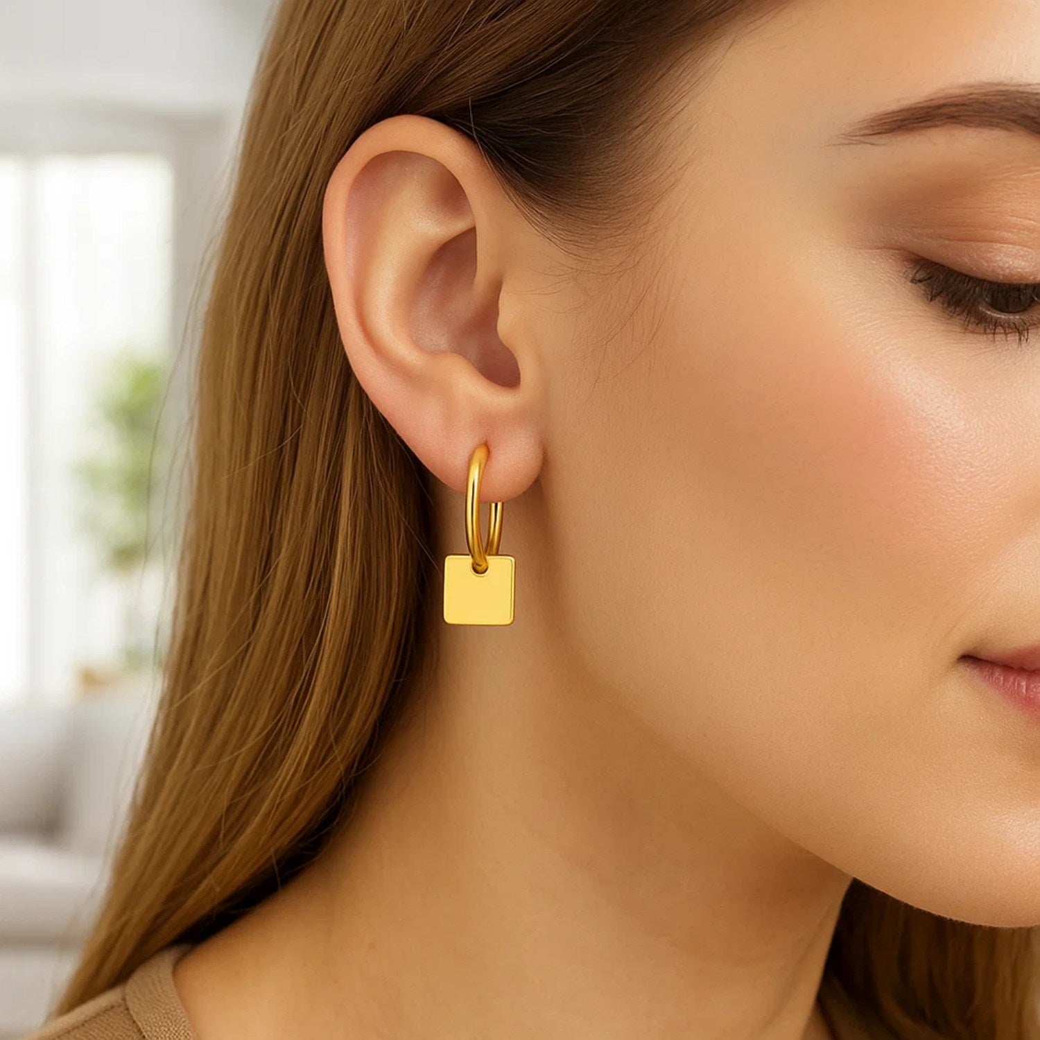 14k Yellow Gold Huggie Style Hoop Earrings with Square Drops