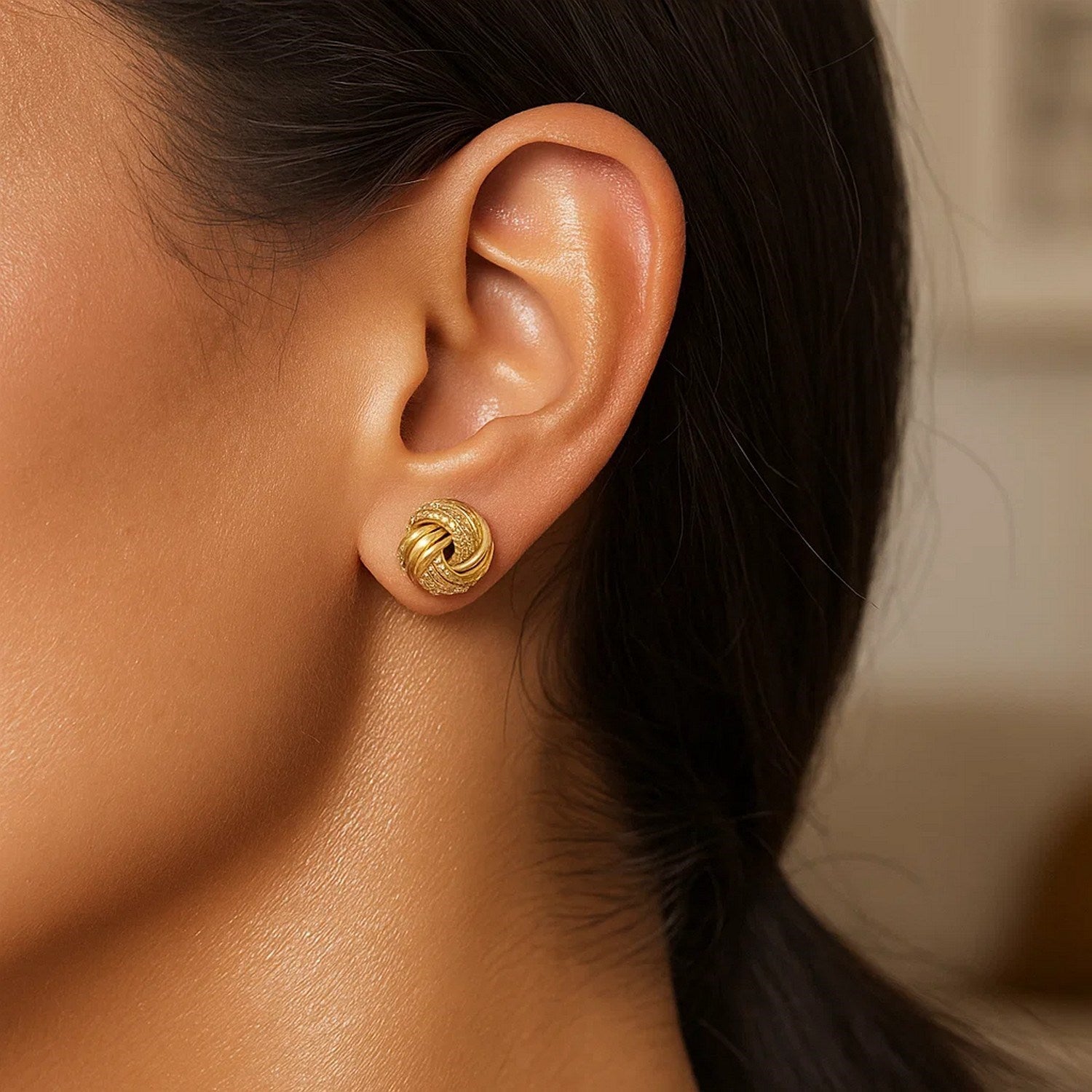 14k Yellow Gold Love Knot with Ridge Texture Earrings