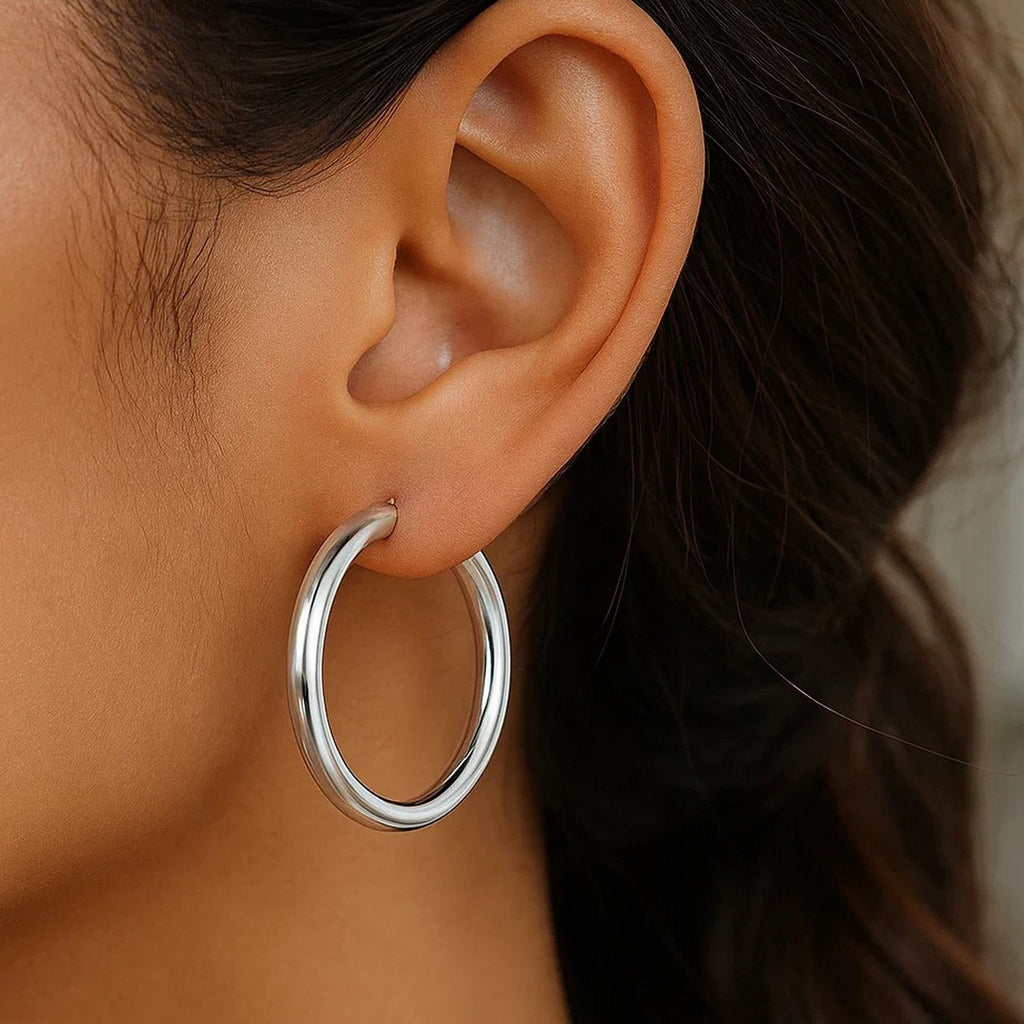 Sterling Silver Rhodium Plated Thick Large Polished Hoop Design Earrings(4x40mm)