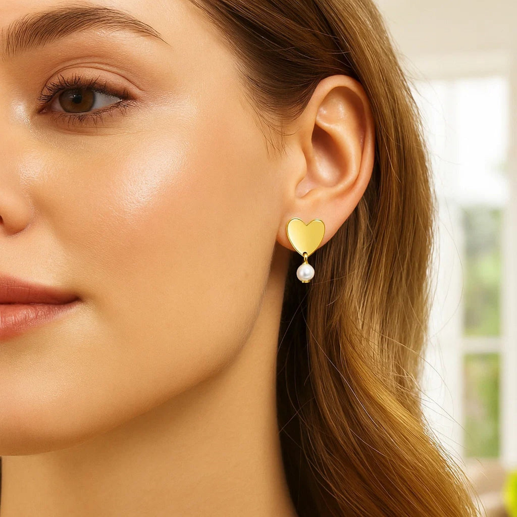 Heart and Pearl Drop Stud Earrings in 14K Yellow Gold