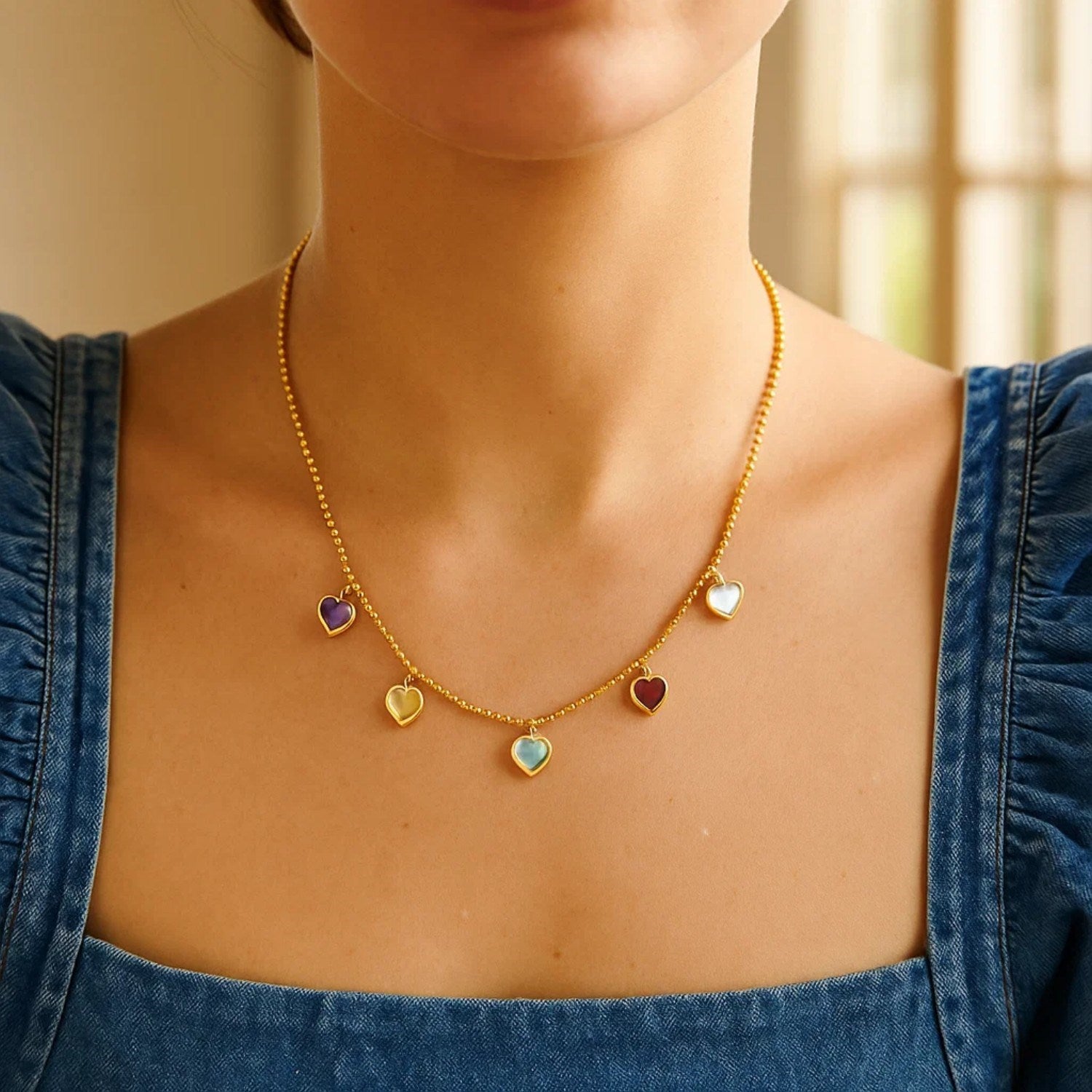 14K Yellow Gold Multi Gemstone Heart Necklace (1.50 mm)