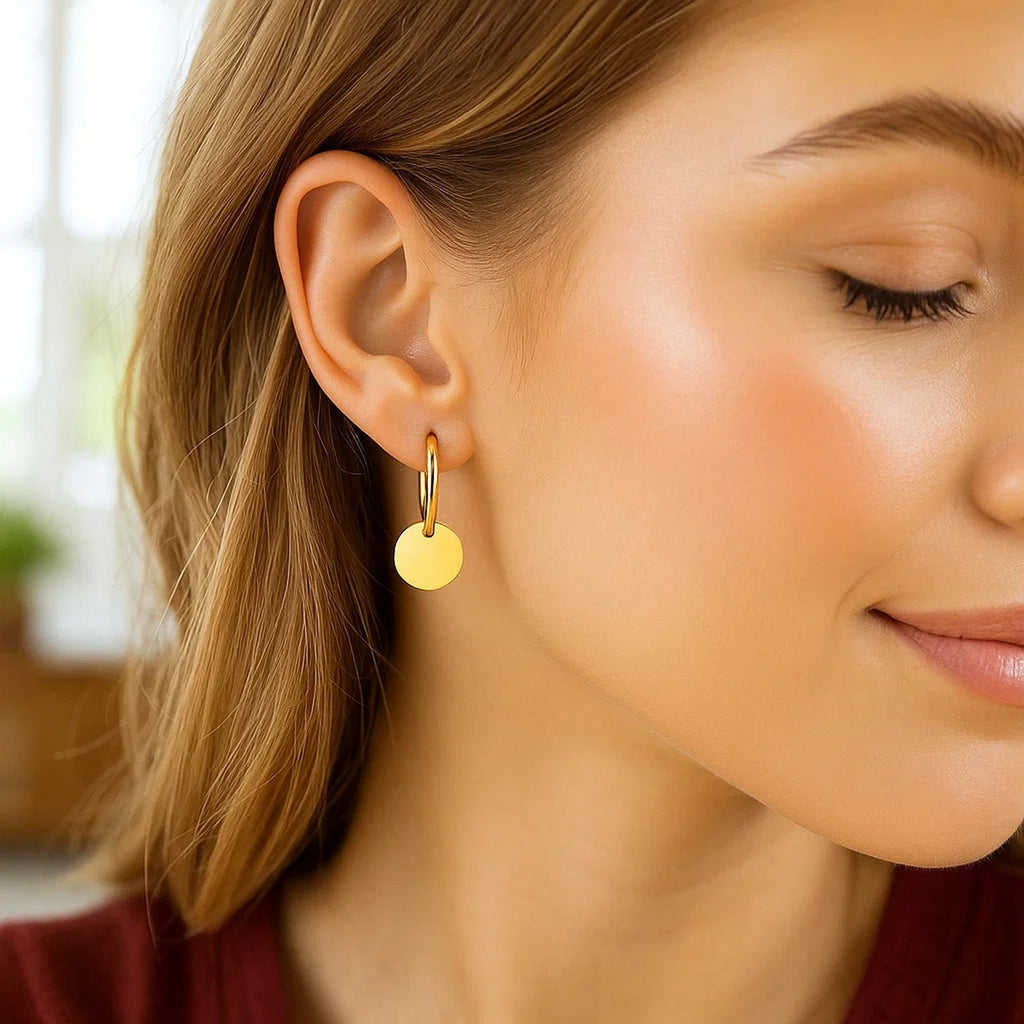 14k Yellow Gold Huggie Style Hoop Earrings with Circle Drops
