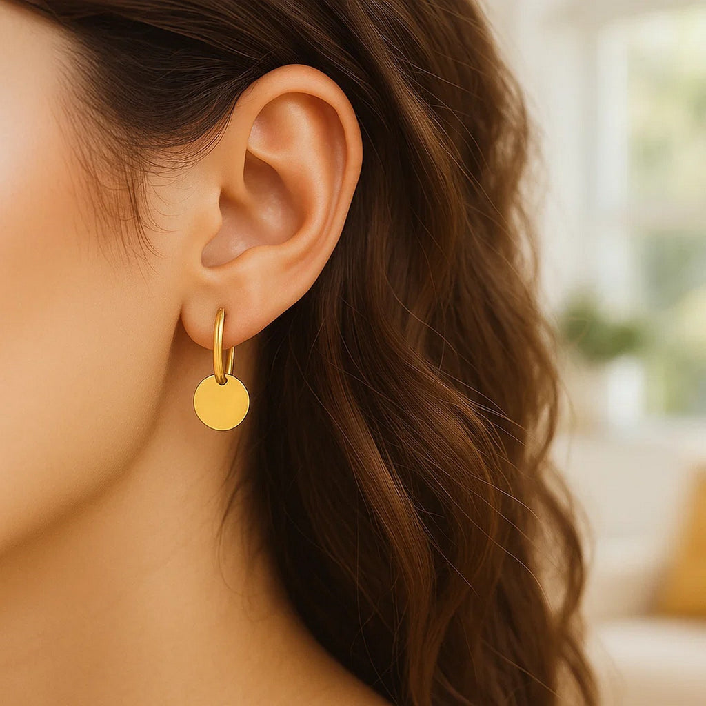 14k Yellow Gold Huggie Style Hoop Earrings with Circle Drops