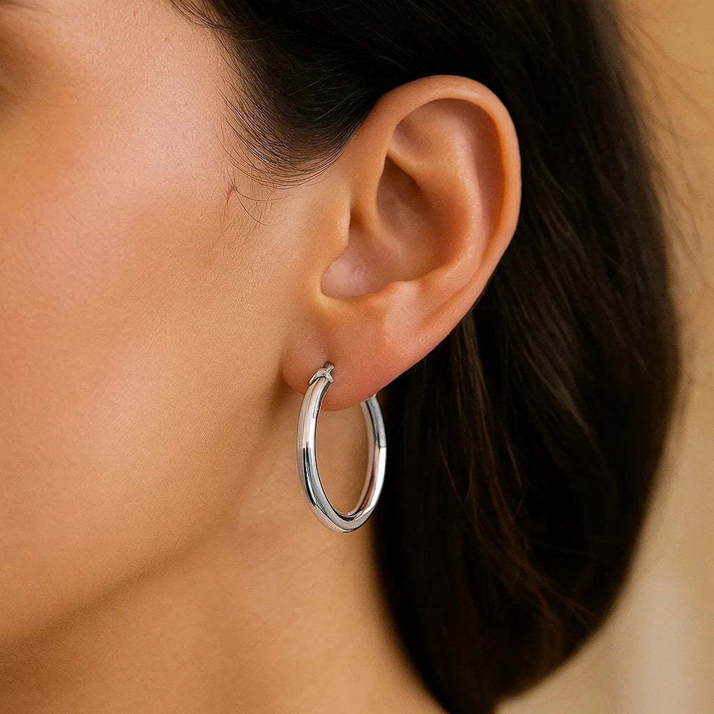 Sterling Silver Polished Hoop Motif Earrings with Rhodium Plating (3x20mm)