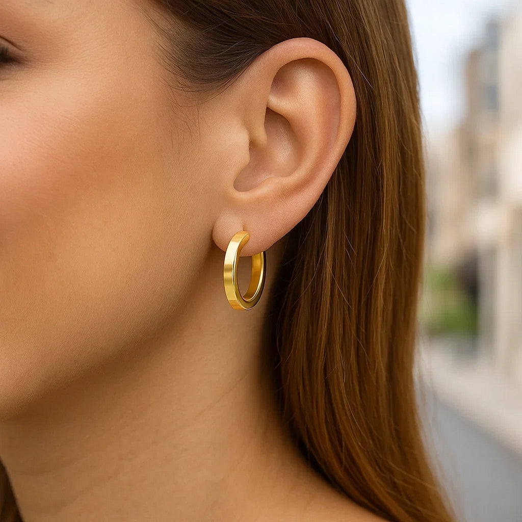 14K Yellow Gold Square Tube Hoop Earrings(3x20mm)