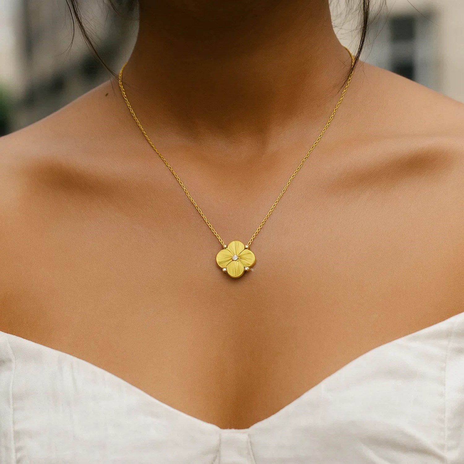 14K Yellow Gold Diamond Clover Pendant Necklace