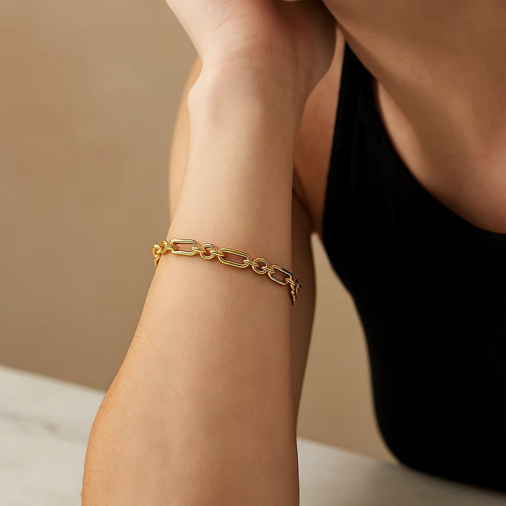14k Yellow Gold Italian Alternating Paperclip Round Links Bracelet (8.00 mm)