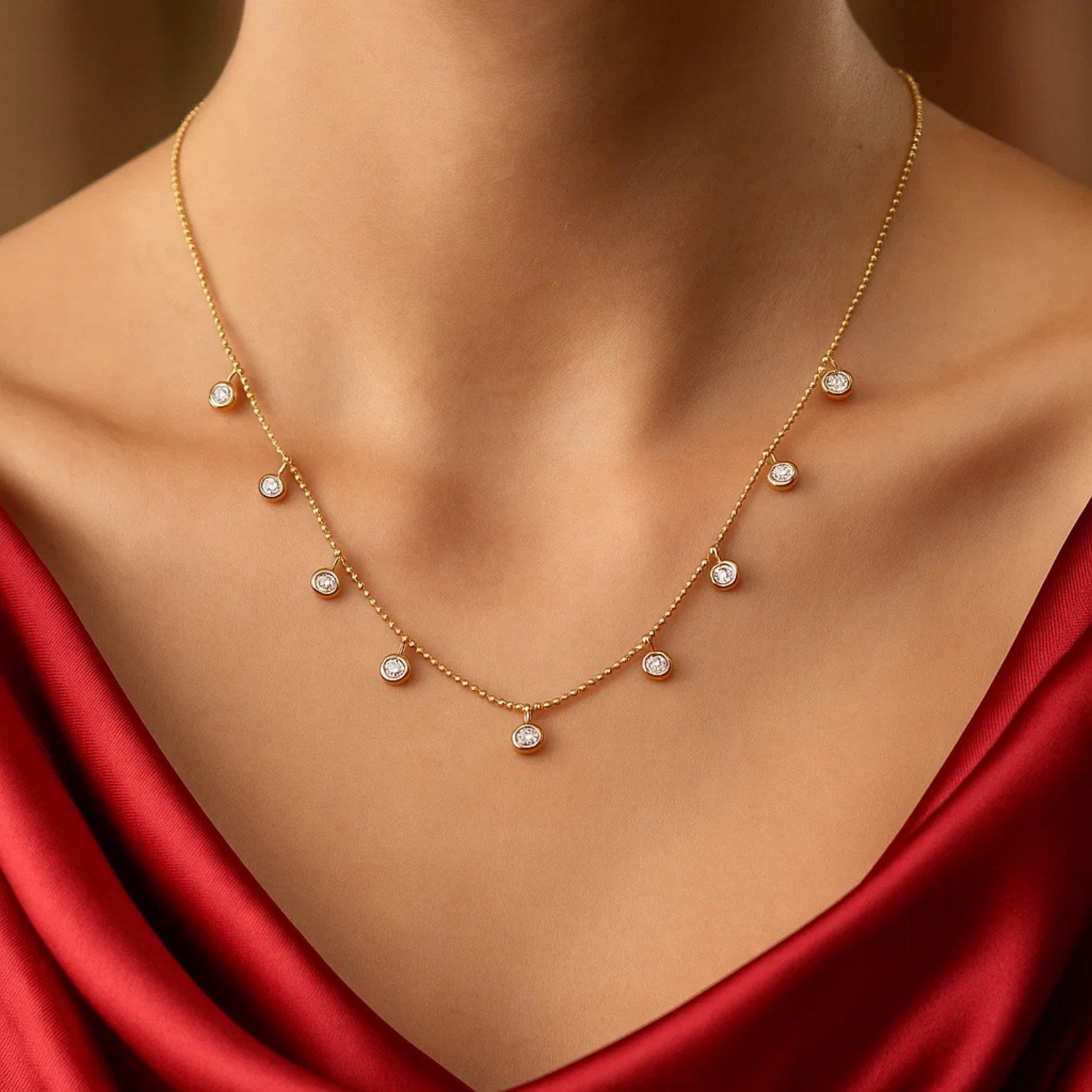 14k Yellow Gold Necklace with Round Diamond Charms