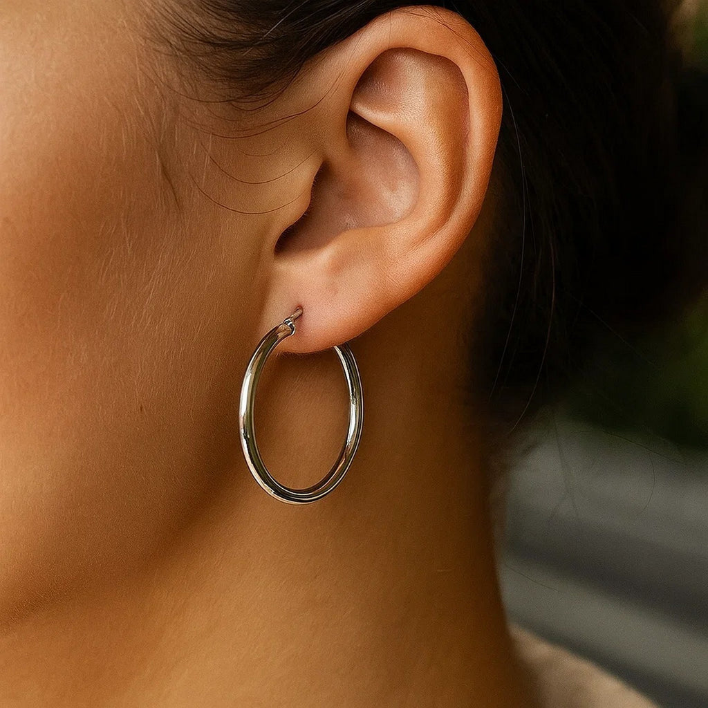 Sterling Silver Rhodium Plated Polished Motif Hoop Earrings (3x35mm)