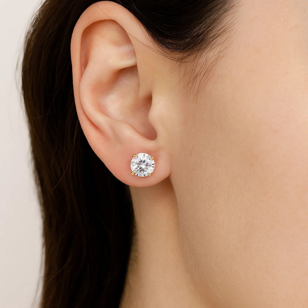 14k Yellow Gold Stud Earrings with White Hue Faceted Cubic Zirconia(7mm)
