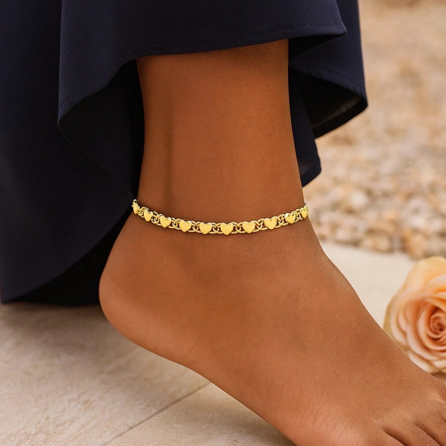 2.9mm 14k Yellow Gold Heart Anklet