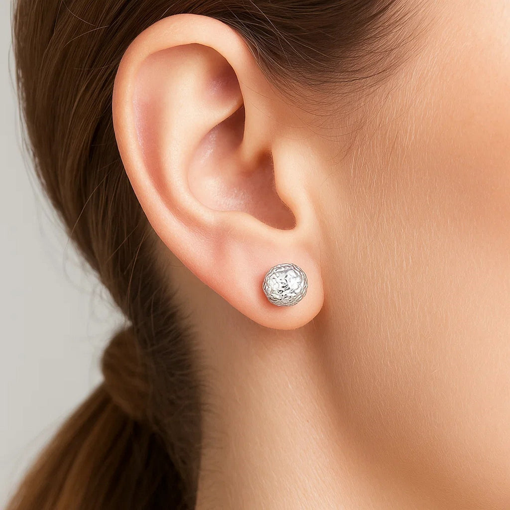 14k White Gold Ball Earrings with Crystal Cut Texture(7mm)