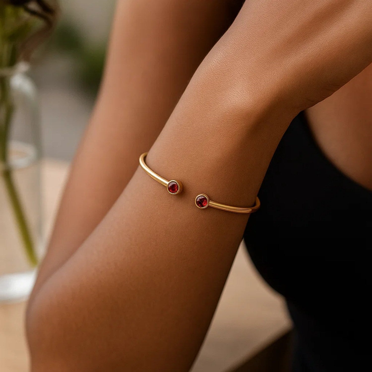 14K Yellow Gold Garnet Open Cuff Bangle (2.00 mm)