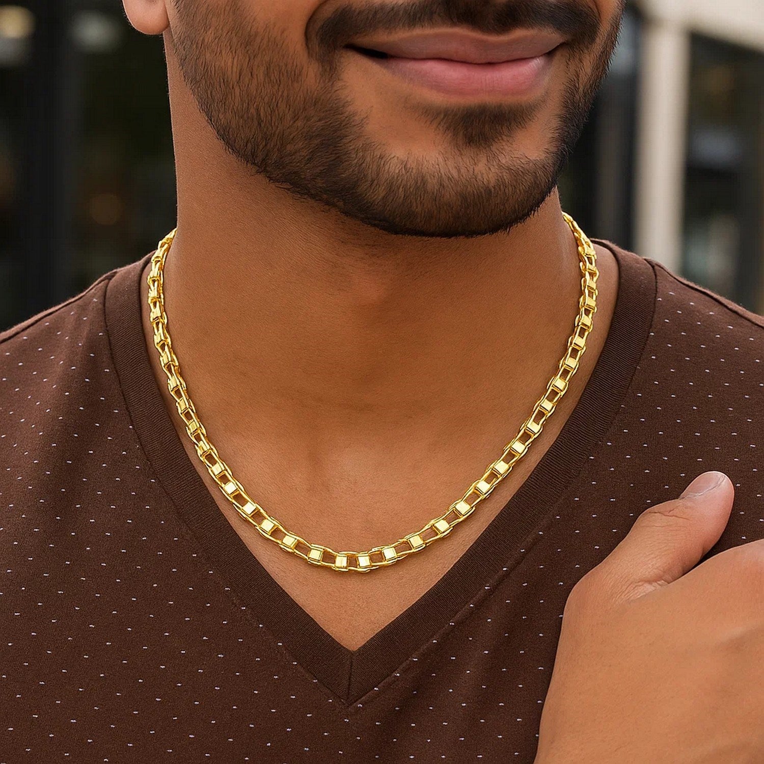 14k Yellow Gold Mens Necklace with Track Design Links (5.00 mm)