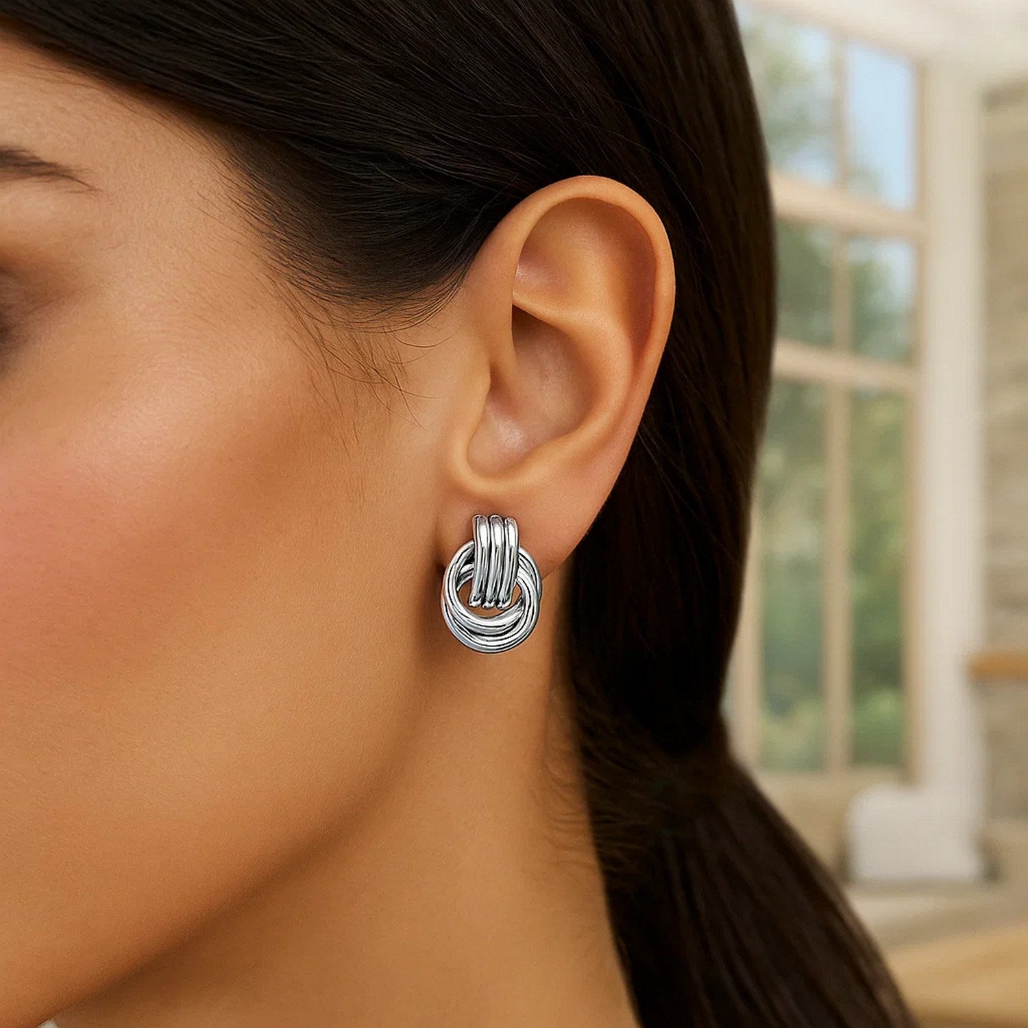 Polished Love Knot Earrings with Interlocking Rings in Sterling Silver(15mm)