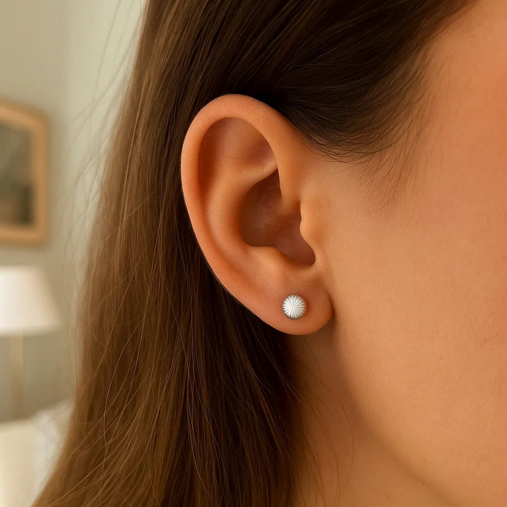 14K White Gold Ball Earrings with Linear Texture(5mm)