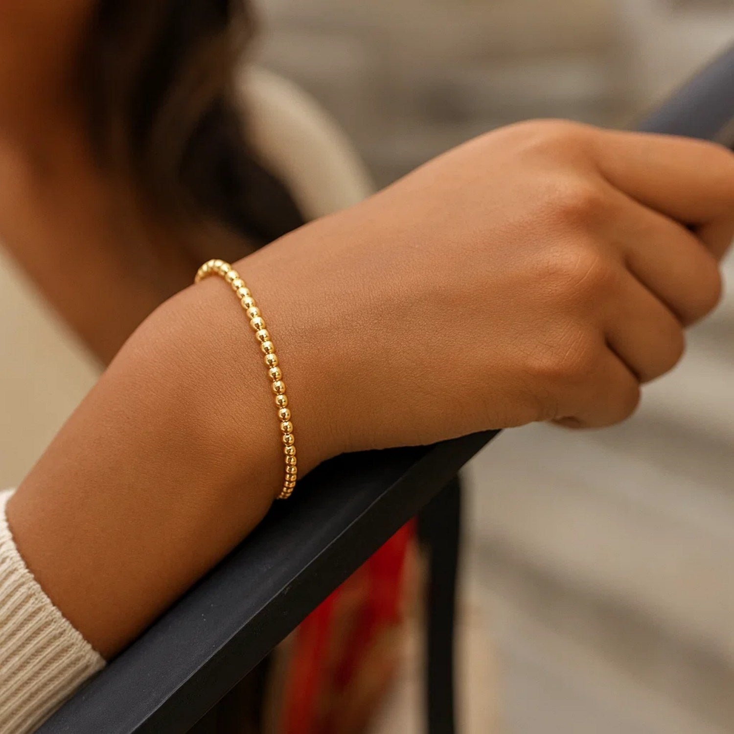14k Yellow Gold High Polish Bead Cuff Bangle (3.00 mm)