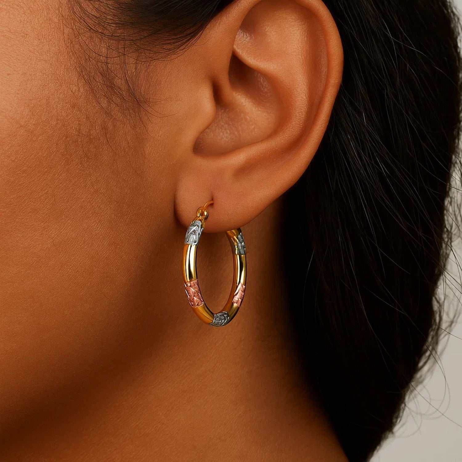 10k Tri-Color Gold Classic Hoop Earrings with Diamond Cut Details(20mm)