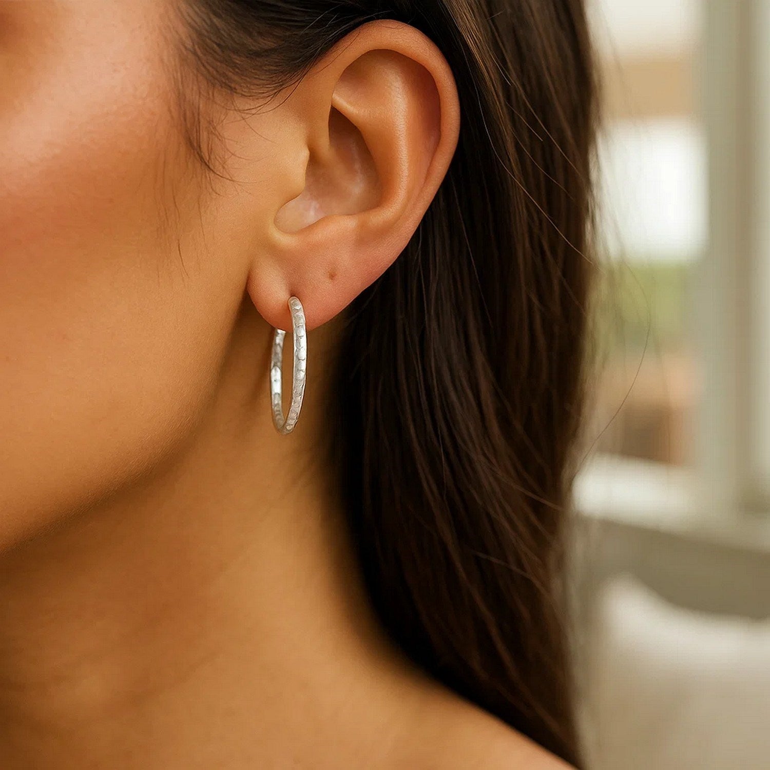 Sterling Silver Large Hoop Earrings with Hammered Texture(3x20mm)