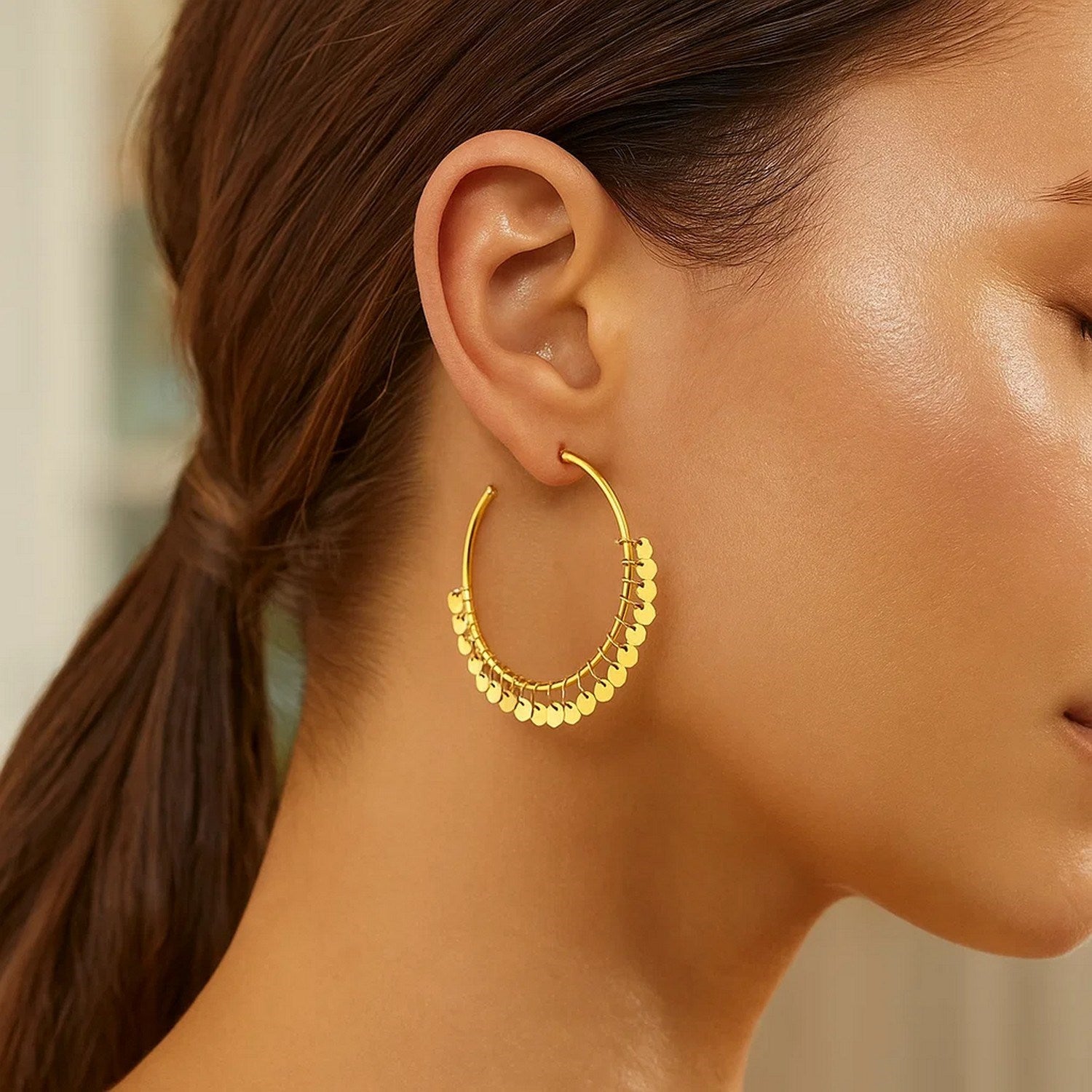 14k Yellow Gold Hoop Style Earrings with Dangling Sequins(1.5x30mm)