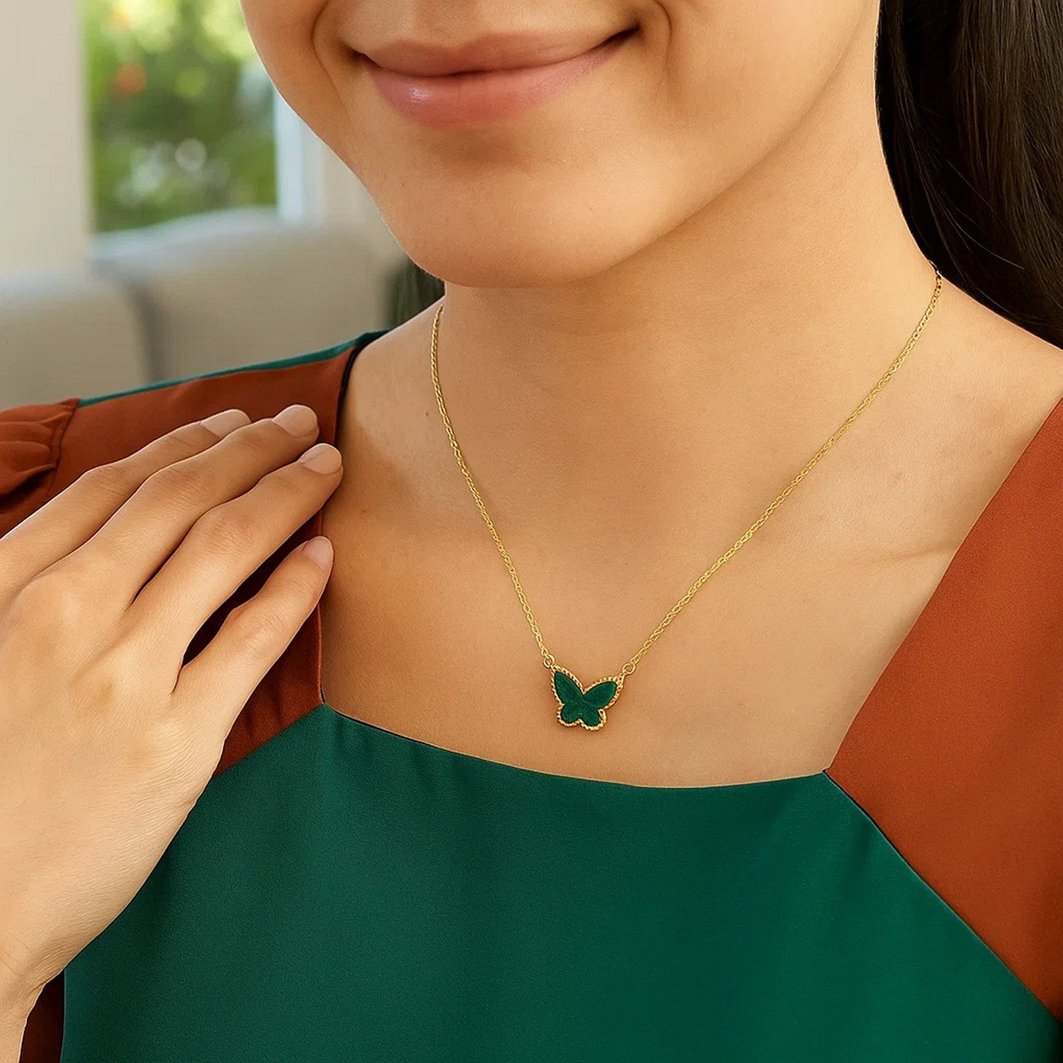 14K Yellow Gold Primavera Malachite Butterfly Necklace